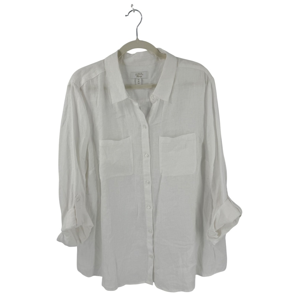Charter Club Luxury 100% Linen Button Down Shirt White XXL Roll Tab Sleeve Crisp